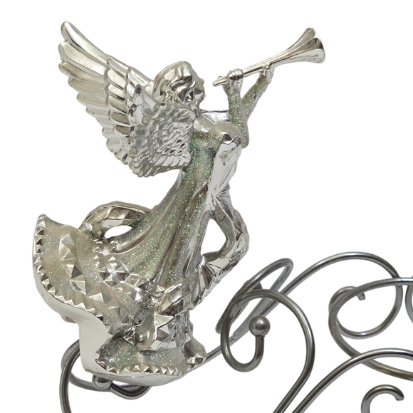 Vintage Angel Silver Tone Glitter Candle Holder Centerpiece Guardian Angel Horn - Picture 8 of 14